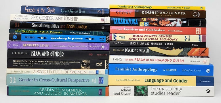 Item #10054 (Lot of 22 Books on Anthropology of Gender, Sex, and Feminism) Readings in Gender and Culture in America; Gender in Cros-Cultural Perspective; A World Full of Women (Fifth Edition); Feminist Political Ecology: Global Issues and Local Experiences; Islam and Gender: The Religious Debate in Contemporary Iran; Guests of the Sheik: An Ethnography of an Iraqi Village; Sexual Inequalities and Social Justice; Sex, Gender, and Kinship: A Cross-Cultural Perspective; Gendered Lives: Communication, Gender, and Culture (Third Edition); Gender and Anthropology; The Headman Was a Woman: The Gender Egalitarian Batek of Malaysia; The Masculinity Studies Reader; Language and Gender; Feminist Anthropology: A Reader; In the Realm of the Diamond Queen: Marginality in an Out-of-the-Way Place; Remaking Women: Feminism and Modernity in the Middle East; Gender, Law, and Resistance in India; Kuna Crafts, Gender, and the Global Economy; Co-wives and Calabashes (Second Edition); Takarazuka: Sexual Politics and Popular Culture in Modern Japan; Kinship and Gender: An Introduction; Speaking to Power: Gender and Politics in the Western Pacific. Nancy P. McKee, Linda Stone, Caroline B. Brettell, Carolyn F. Sargent, Martha Ward, Monica Edelstein, Dianne Rocheleau, Barbara Thomas-Slayter, Esther Wangari, Ziba Mir-Hosseini, Elizabeth Warnock Fernea, Niels Teunis, Gilbert Herdt, Burton Pasternak, Carol R. Ember, Melvin Ember, Julia T. Wood, Frances E. Mascia-Lees, Nancy Johnson Black, Kirk M. Endicott, Karen L. Endicott, Rachel Adams, David Savran, Penelope Eckert, Sally McConnell-Ginet, Ellen Lewin, Anna Lowenhaupt Tsing, Lila Abu-Lughod, Erin P. Moore, Karin E. Tice, Sally Price, Jennifer Robertson, Lynn B. Wilson.