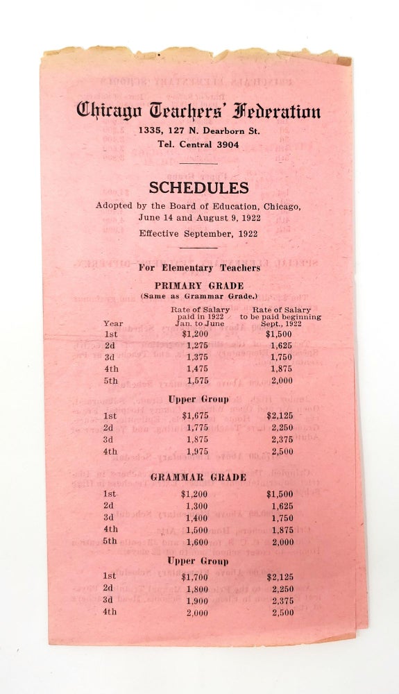 Item #12825 1922 Chicago Teachers' Union Pay Scedule (Ephemera). Mary M. Abbe, Frances E. Harden, President, Secretary.
