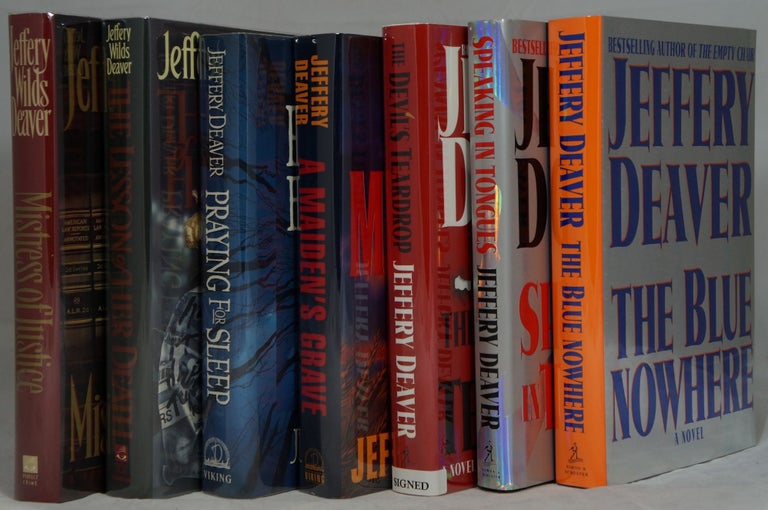 Item #2508 Jeffery Deaver's First 7 Stand-Alone Works: Mistress of Justice, The Lesson of Her Death, Praying for Sleep, A Maiden's Grave, The Devil's Teardrop, Speaking in Tongues, [and] The Blue Nowhere (Seven Volume Set of First Editions). Jeffery Deaver.