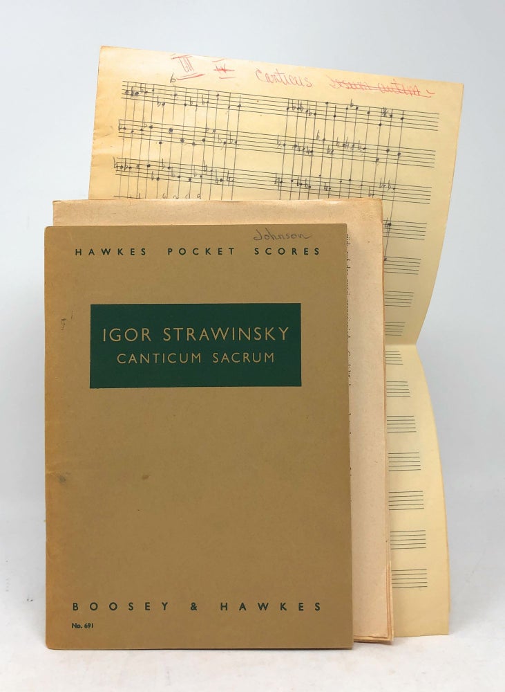 Item #5766 Canticum Sacrum: Ad Honorem Sancti Marci Nominis for Tenor and Baritone Soli, Chorus and Orchestra (Hawkes Pocket Scores No. 691). Igor Strawinsky, Stravinsky.